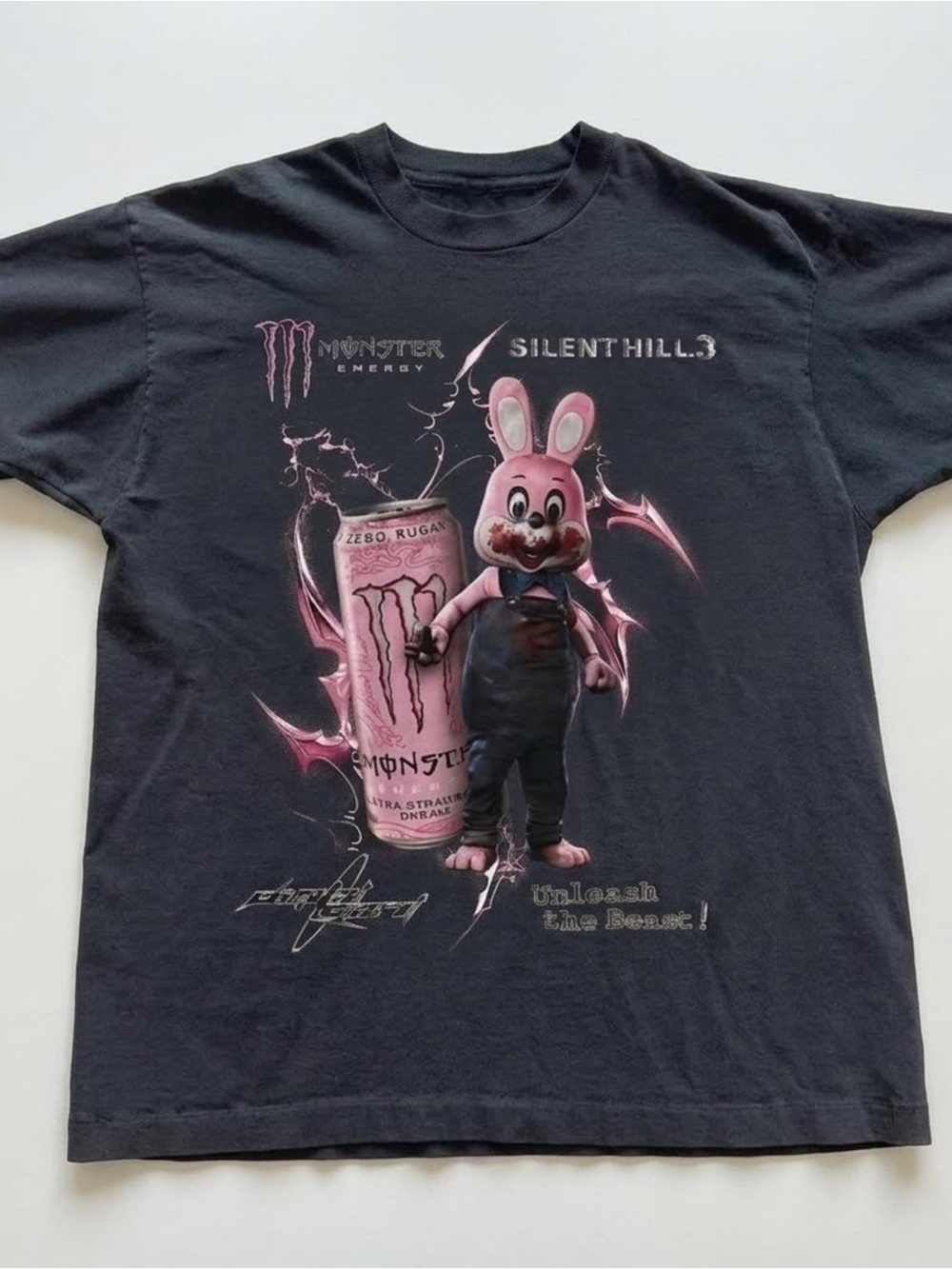 Gildan Black Silent Hill 3 x Monster Energy Pink Bunny Graphic Tee